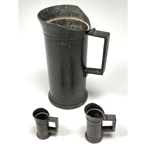 3pc Antique PEWTER 1/2 Liter 2 Centiliter & 1 Centiliter Dutch? MUGS Angel Touch - Picture 1 of 5